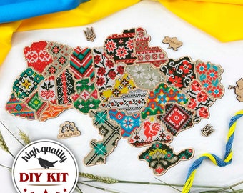 Map of Ukraine Cross Stitch Kit, Hand Embroidery On Wooden Base, Ukrainian Ornaments Embroidery Set, DIY Home Decor, Handmade Gift