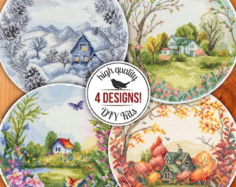 DIY Four Seasons Cross Stitch Kits, Set of Four Kits for Seasonal Embroidery, Embroidered Wall Art, Seasonal Home Decor, Gift for Mother