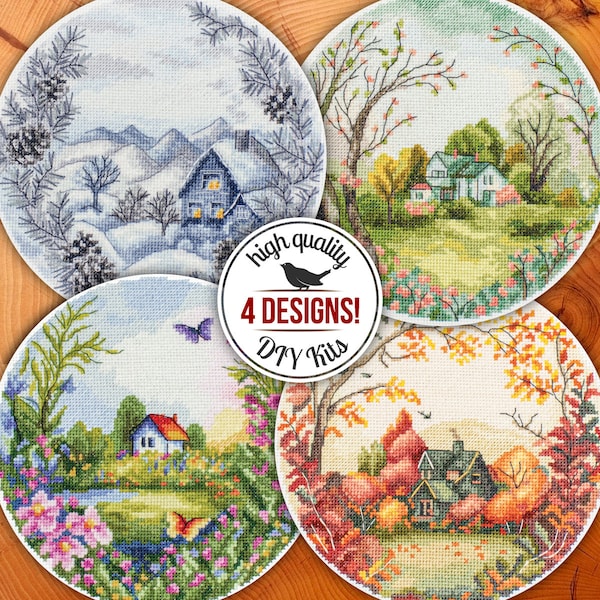 Kits de point de croix DIY Four Seasons, Ensemble de quatre kits pour broderie saisonnière, Art mural brodé, Décoration intérieure saisonnière, Cadeau pour mère