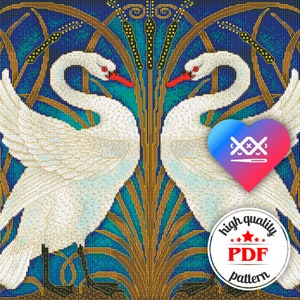 PDF Victorian Cross Stitch Pattern, Swan, Rush and Iris by Walter Crane Embroidery Chart, Art Nouveau Home Decor, Victorian Wall Art