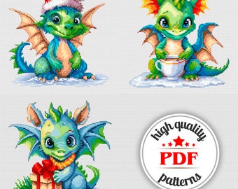 Set of Three Funny Christmas Dragons Cross Stitch Patterns, Winter Dragon Embroidery Design, Christmas Embroidery Chart, Kids Room Decor