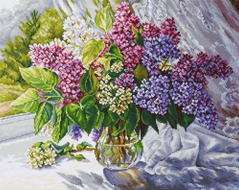 Lilac Bouquet Cross Stitch Kit. Fresh Spring Flowers Embroidery Set