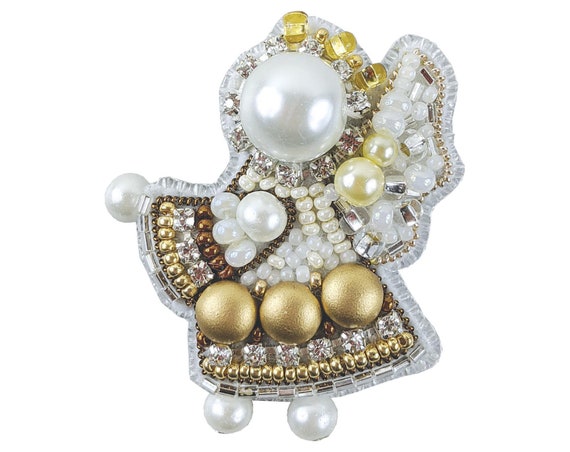 Angel Beadwork Brooch DIY Kit, Bead Embroidery Pin, Gold&white