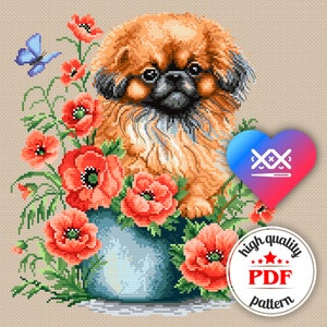Pekingese PDF Cross Stitch Pattern, Cute Dog in Flowers Embroidery Chart, Embroidery Wall Art, Animal Home Decor, Floral Cross Stitch Design
