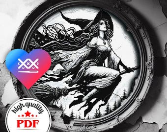 PDF Halloween Witch Embroidery Pattern, Dark Art Cross Stitch Design, Halloween Home Decor, Halloween Gift for Friend