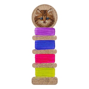 Embroidery threads organizer, cat cross-stitch DIY kit, needlework floss holder, sewing ribbons spool, craft storage tool, wooden blank