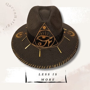 Straw Hat, hand painted hat for summer with the Eye of Ra, Unique Summer Hat initials, Antique Gold Details, woman's hat for every occassion