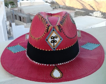 Hand-Painted Panama Hat: Red Bohemian Peacock Feather Fedora, UPF 50+