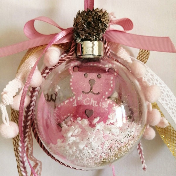 1st Christmas Ornament Ball, Baby Girl First Christmas, Unique Christmas Gift, Pink Teddy Bear, Keepsake Gift,New Year Ornament,Personalized