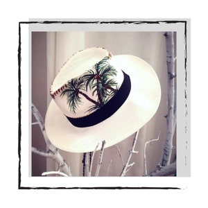 Straw Hat, Panama Hat Summer Hand Painted Hat with Palm Trees, Special Hat for the Beach, Wedding and Christening party, Greek Design