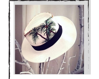 Hand-Painted Palm Tree Panama Hat: Beach Wedding Straw Hat