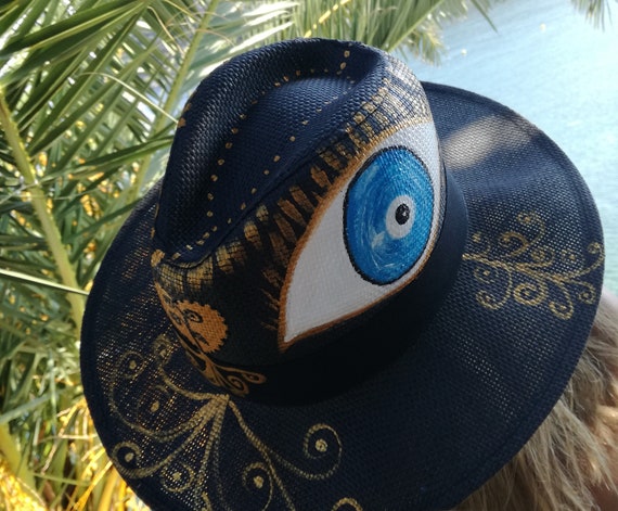 Straw Hand Painted Hat for Summer With Teal  display picture 3