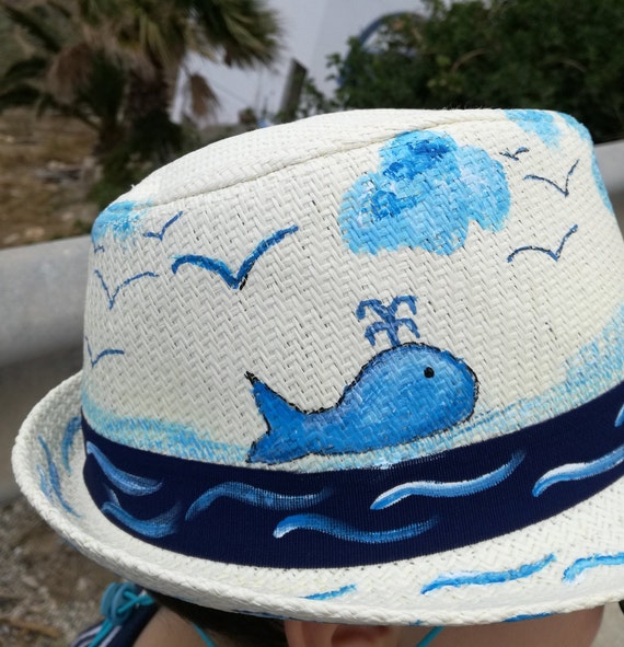 GiftStoriesGr Kids Summer Hat, Hand-Painted Boy and Girl Hat, 'Sailing Boat UPF 50+, Greek Islands & Sailing Boat, Hat for Toddler, Beach Summer Hat