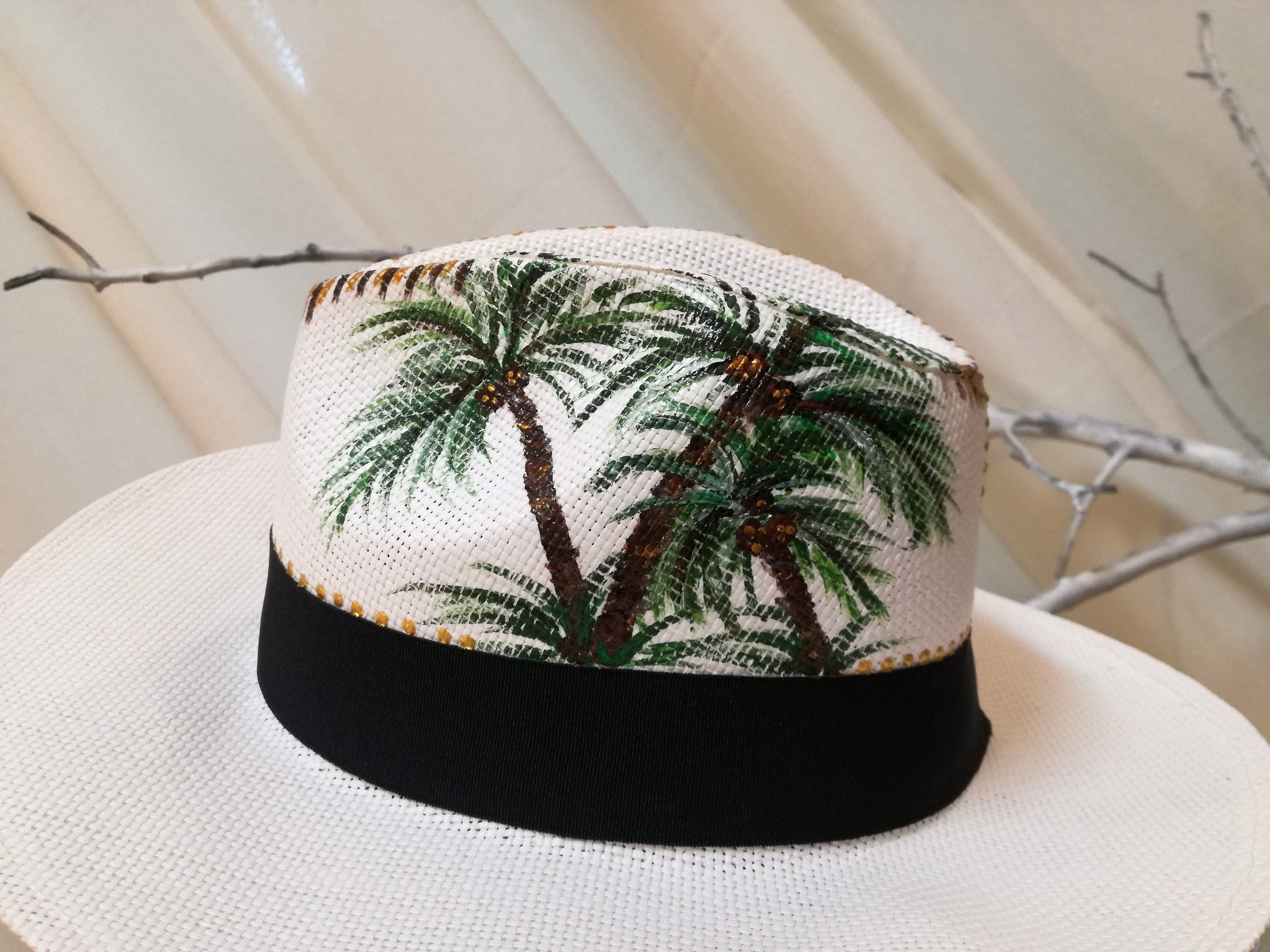 Palm Tree Straw Fedora Hat | Tropical Resort Straw Hat | Vacation Summer Hat Mens Straw Lifeguard with Palm Tree Printed Under-brim – San  main image 4