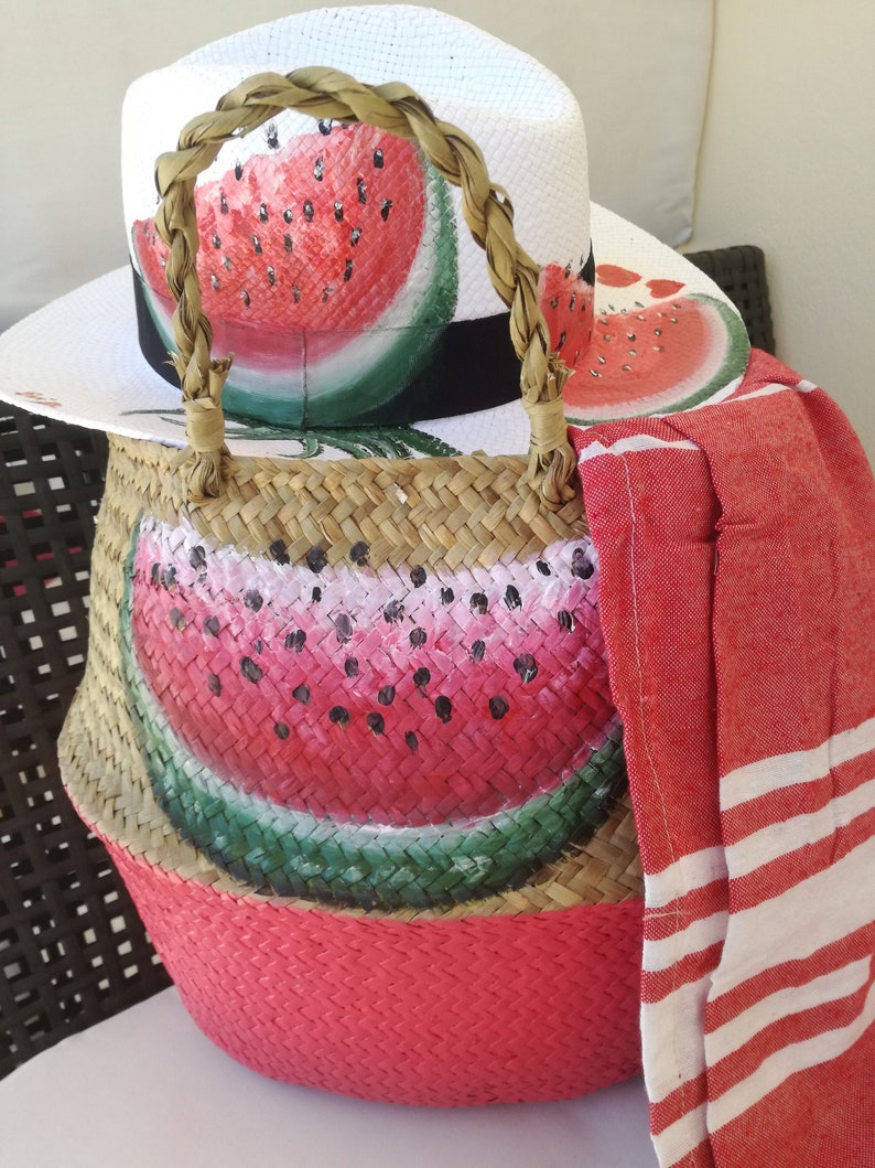 Straw Hat KARPOUZI collection Beach Hat /& Bag Summer Trend Greek Designer Hand Painted Hat with Watermelon Custom Order Summer Hat
