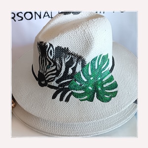 Straw Hat with Zebra handpainted design, Summer Hat, gift for him, gift for her, Greek Designer, Straw Hat for Summer party, Beachwear