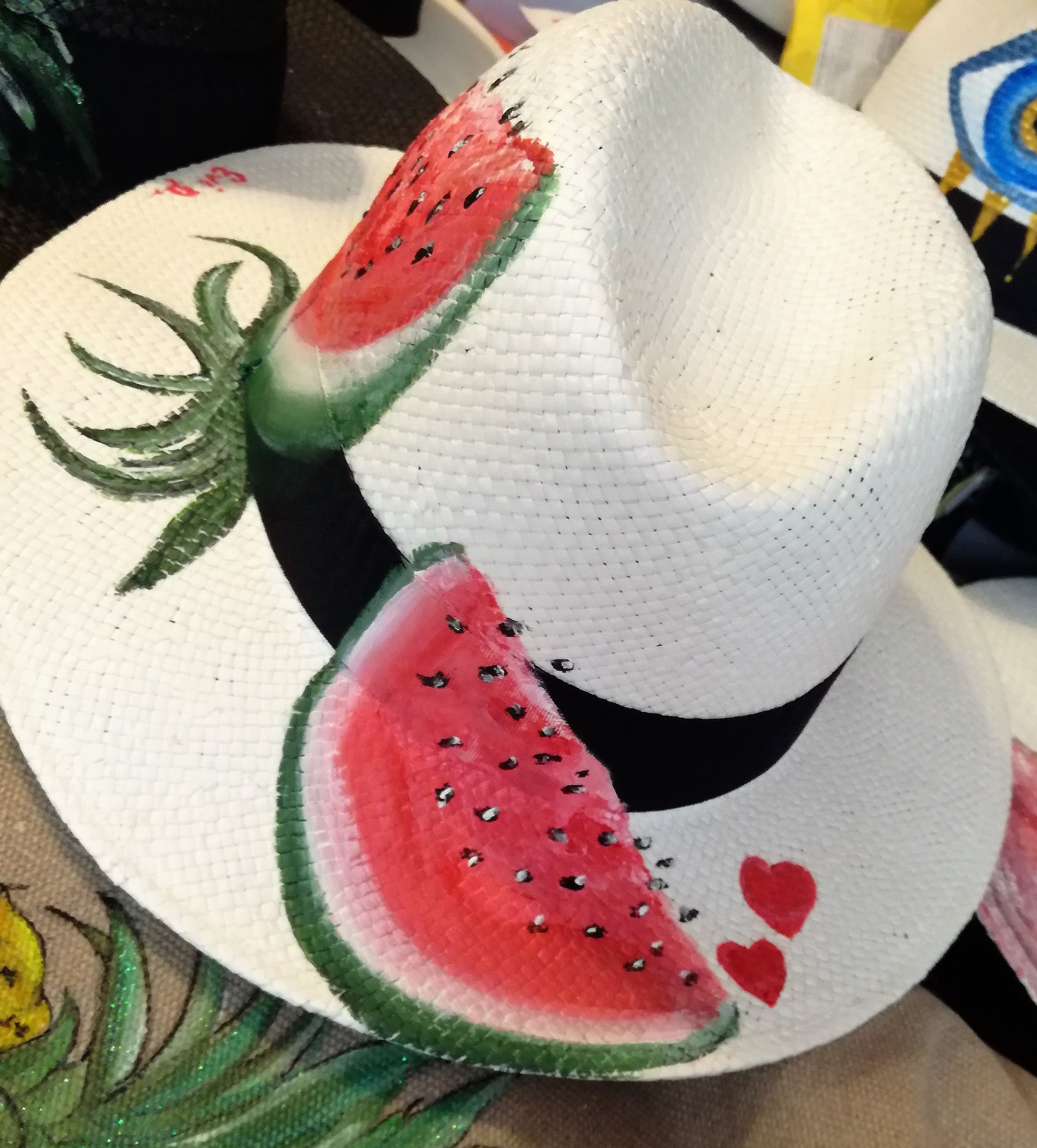 Hand Painted Watermelon Straw Hat: UPF 50+ Summer Beach Hat  display picture 2