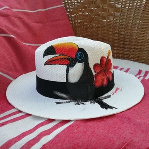 Summer Hand Painted Straw Hat, Tucan Tropical Leaves, Hat UPF 50+, Beach Hat, Greek Designer, Summer Trend, Custom Order