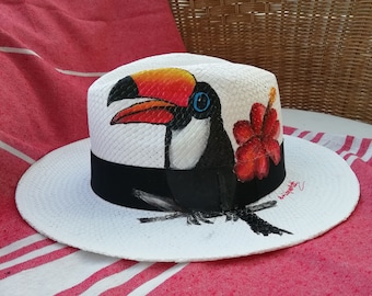 Hand-Painted Tucan Straw Hat: Tropical Beach Sun Hat, UPF 50+