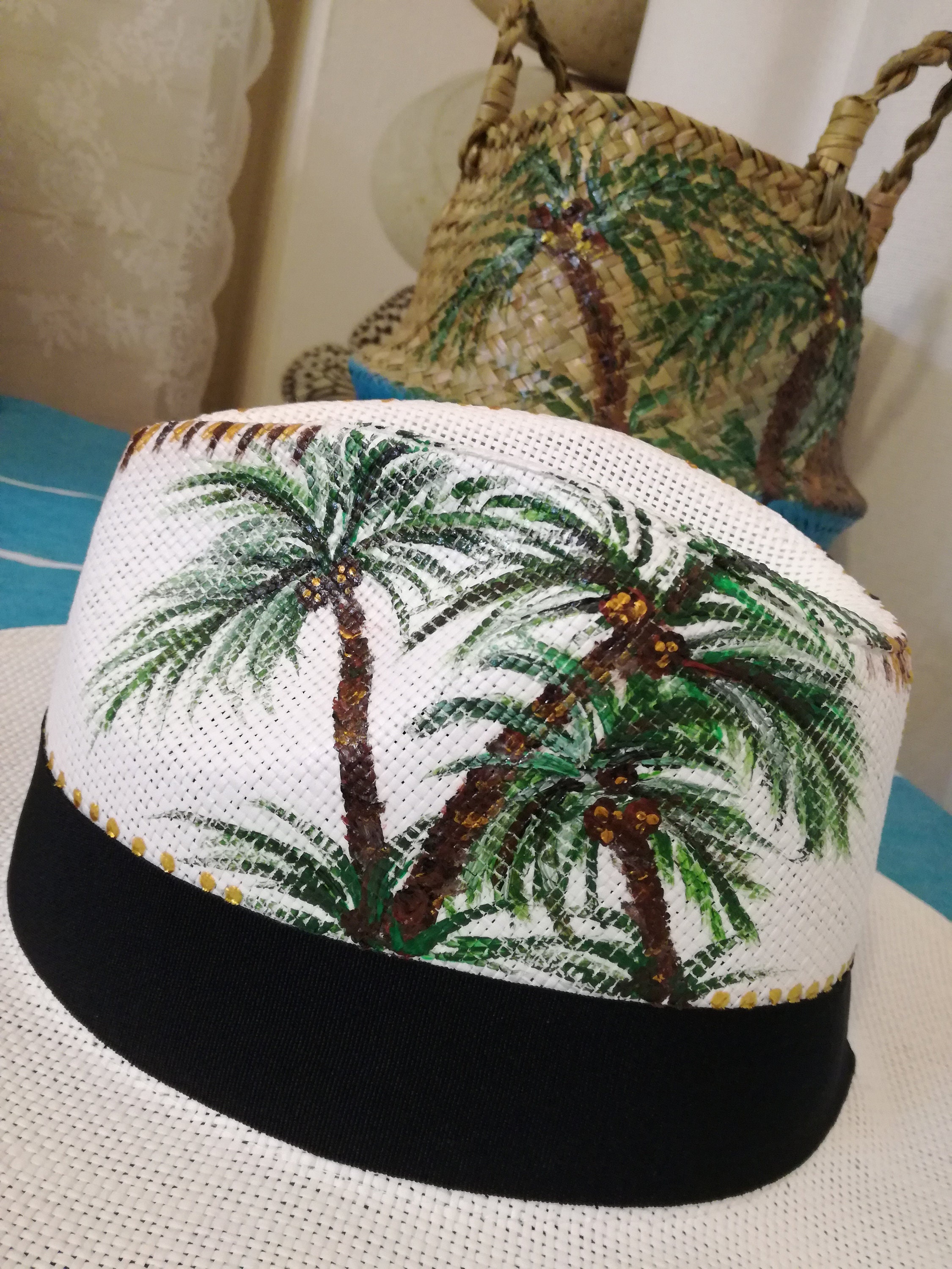Woven Straw Cowboy Hat Tropical Palm Tree Print Sunset  Summer Beach Hat NWT STRAW HAT - WOVEN PALM - PALM TREE main image 2