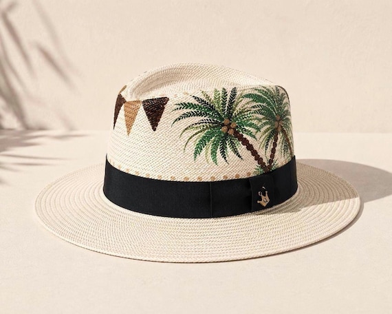 Hand-painted Palm Tree Panama Hat: Beach Wedding Straw Hat 