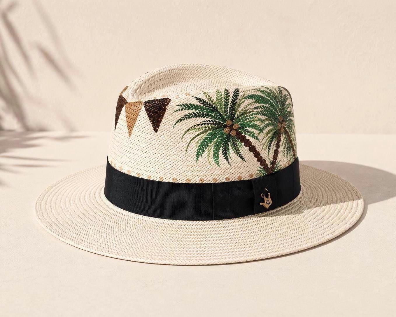 Guanabana Handmade Panama Pyramid Hat Sun Pink Tan Straw Fedora Beach Resort Unisex Panama Straw Hat Summer Foldable Beach Fedora UV Sun  main image 2