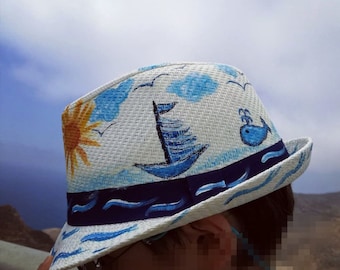Kids Summer Hat, Hand-painted Boy and Girl Hat, 'Sailing Boat" UPF 50+, Greek Islands & Sailing Boat, Hat for toddler, Beach Summer Hat