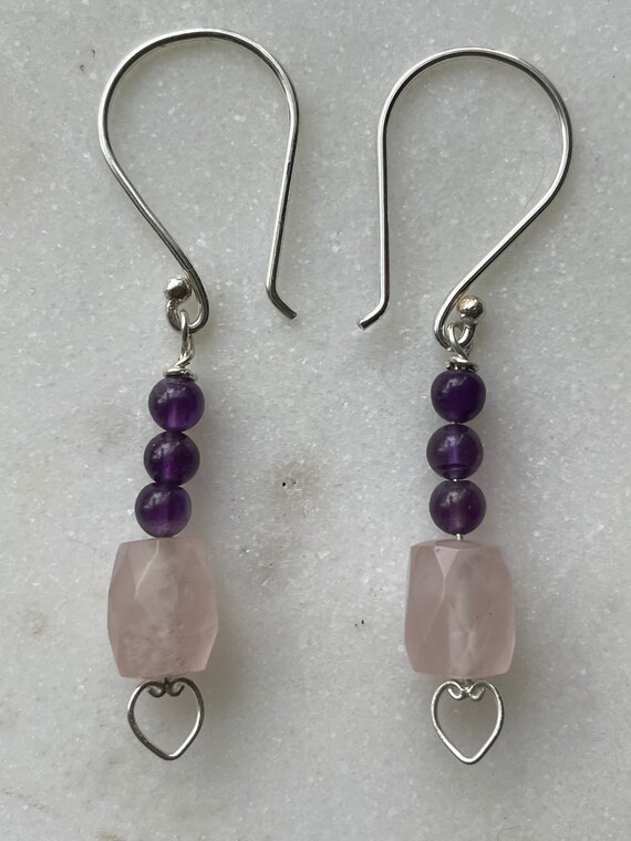 Pewter flower drop earrings with sterling silver leverbacks & ear hooks and pink quartz accents