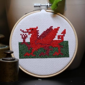 Welsh dragon handmade cute little 4inch cross stitch.