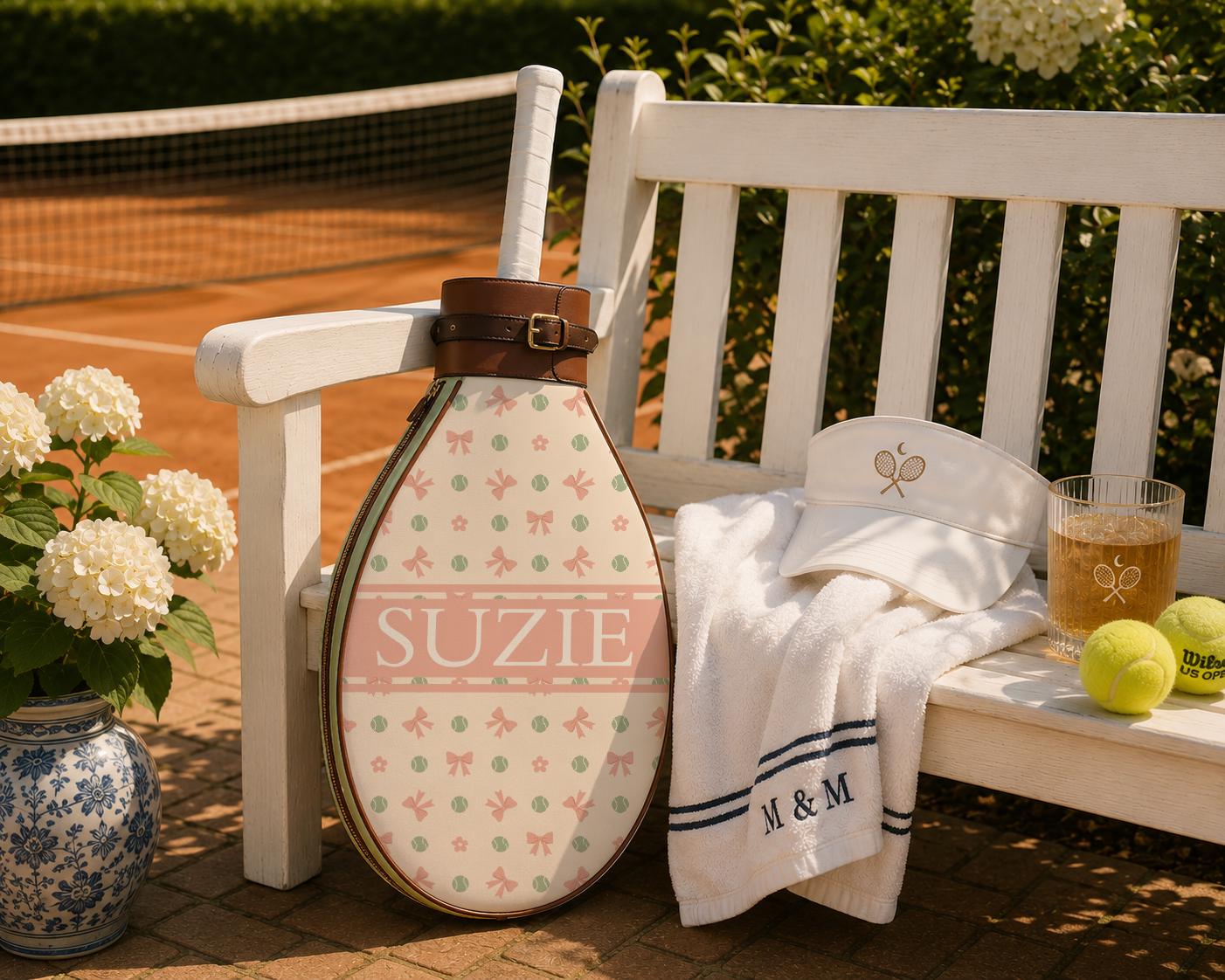 Personalized Tennis Racket Bag, Custom Name Tennis Bag, Preppy Tennis Racket Cover, Pink Bow Tennis Bag, Tennis Gift for Her, Tennis Case