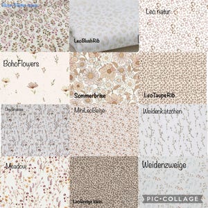 Op de afbeelding: Een collage van twaalf stofstalen met diverse patronen, waaronder bloemenprints met mauve en beige bloemen, luipaardvlekken in natuurlijke, taupe en beige tinten, droog gras, wilgenkatjes en veldbloemen op een lichte achtergrond.