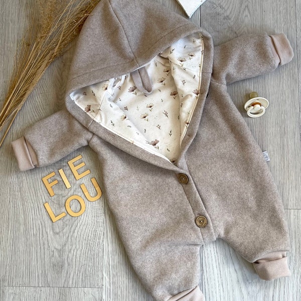 Baby Fleece Anzug Overall aus kuscheliger reiner Bio-Baumwolle Taupe-, Beere-Melange oder Altrosa mit Jersey-Futter Herbst/Winter/Frühjahr