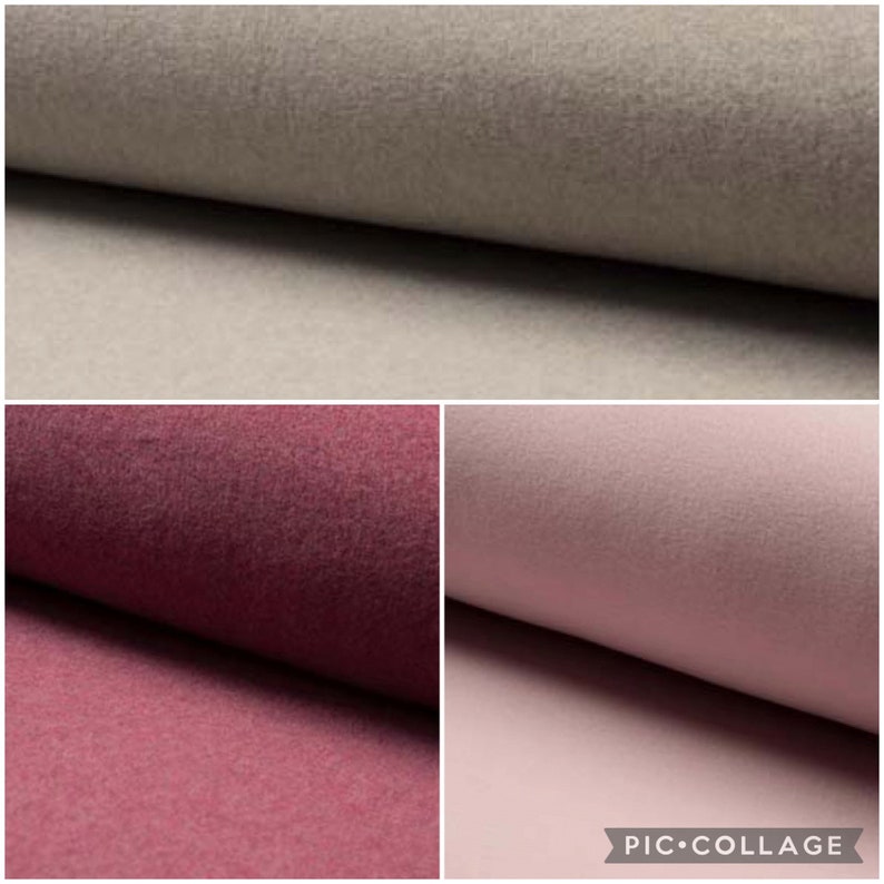 Op de afbeelding: Een collage van drie stofstalen met een zachte, viltachtige textuur. De bovenste staal is neutraal beige, de linkeronderkant is diepbordeaux en de rechteronderkant is zacht, gedempt roze. Elk stuk stof is dubbelgevouwen.