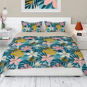 Duvet Cover & Pillow Shams (2 Sizes) - Tropical Flowers #1 - Hibiscus Beach House Home Decor Vacation Hawaiian Florida Island Floral Bedding