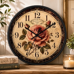 Vintage Rose Wall Clock #1 - Floral Paris Style Farmhouse Decor