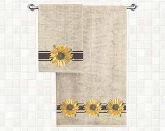 Vintage Sunflower Floral Bath Towel Design #1, Country Farmhouse Farm House Towels, Home Decor, Sunny Charming Wash Cloth, Hand Towel