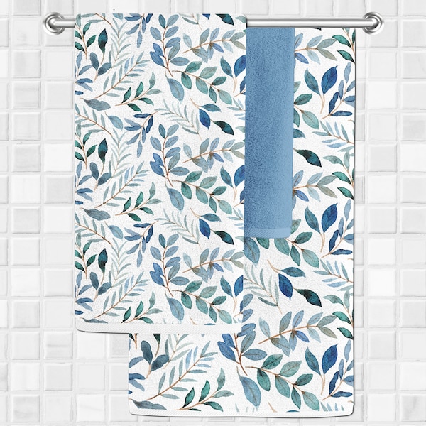 Bath Towel - Botanical #1 - Country French Modern Farmhouse Blue Teal Green Eucalyptus Leaves Watercolor Bathroom Decor Gift