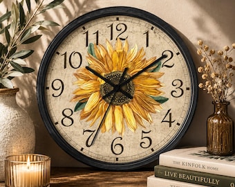 Vintage Sunflower Wooden Wall Clock #1: Country Chic Farmhouse Decor