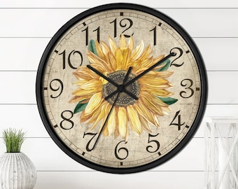 Vintage Sunflower #1 - 10" Wooden Wall Clock - Floral Country Chic Farmhouse Farm House Home Decor Sunny Happy Summer Sun Happy Gift