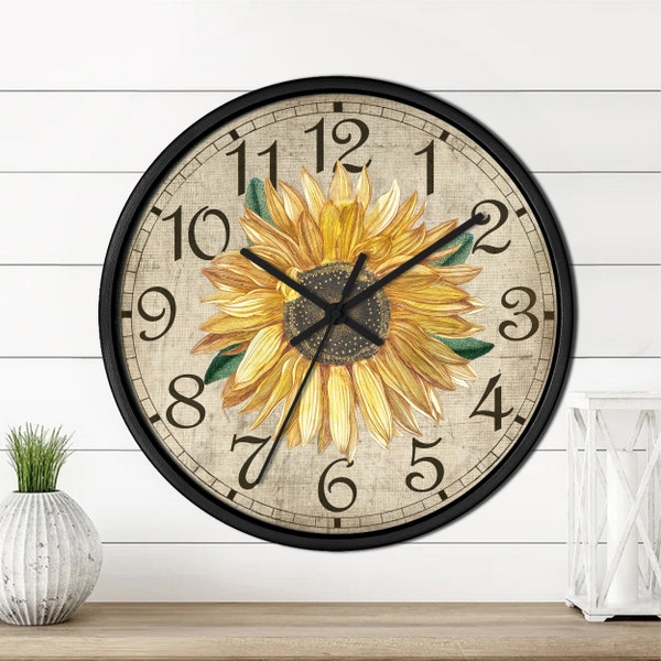 Vintage Sunflower #1 - 10" Wooden Wall Clock - Floral Country Chic Farmhouse Farm House Home Decor Sunny Happy Summer Sun Happy Gift