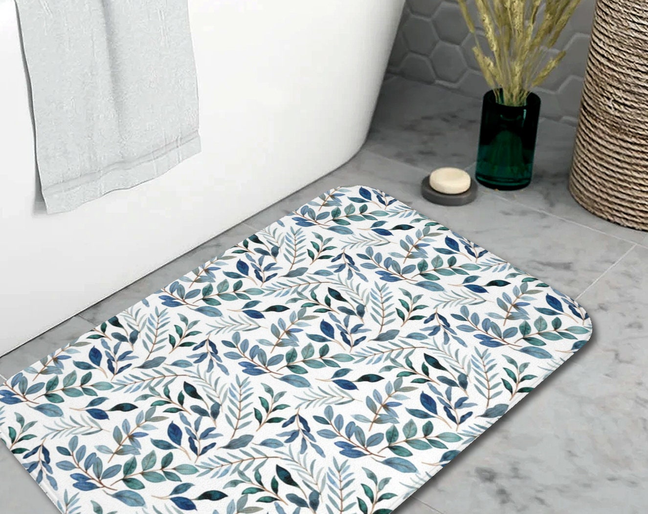 Gray and Yellow Floral Ikat Bath Mat