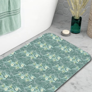 Botanical Bath Mat #5, Country French Modern Farmhouse Bathroom Rug, Watercolor Sage Green Eucalyptus Flowers & Leaves, Shower Decor Mat