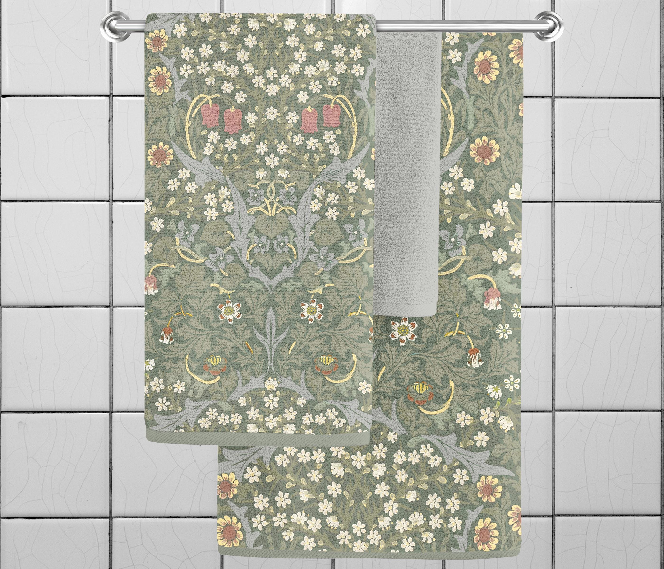 William Morris Blackthorn (Pink Tulips) Towels Design #2, Dark Cottagecore Bath Towel Set, Vintage Floral Hand Towel, Botanical Wash Cloth