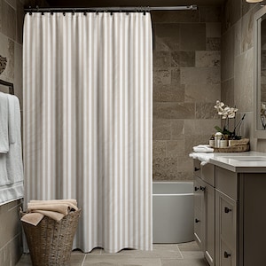 Tan & White Striped Shower Curtain #2 - Country French Modern Farmhouse Bathroom, Beach House Home Decor, Stripes, Boho Art Print Decor
