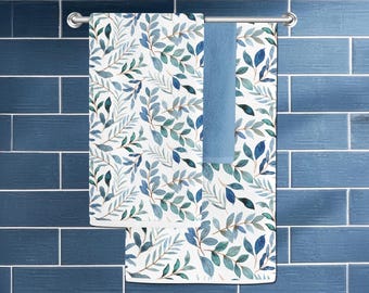 Botanical Bath Towel Design #1, Country French Modern Farmhouse Towel, Blue Teal Eucalyptus Leaves Bathroom Decor, Watercolor Art Towels