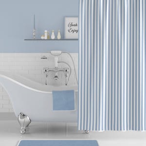 Light Blue & White Striped Shower Curtain #1 - Country French Modern Farmhouse Bathroom, Beach House Home Decor, Stripes, Boho Art Print