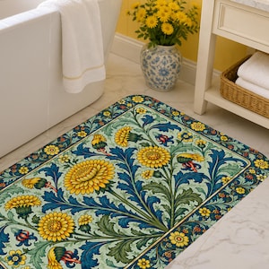 May include: A rectangular bath mat featuring a repeating botanical pattern of large yellow chrysanthemum flowers and deep blue swirling acanthus leaves on a light green background, framed by a decorative border of smaller yellow flowers.