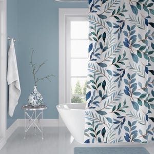 Botanical Shower Curtain #1 - Country French Modern Farmhouse Bathroom, Blue Teal Eucalyptus Leaves Shower, Watercolor Art Print Decor