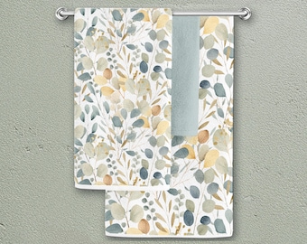 Botanical Bath Towel Design #2, Country French Modern Farmhouse Towels, Olive Sage Eucalyptus Leaves Bathroom Decor, Watercolor Art Towels