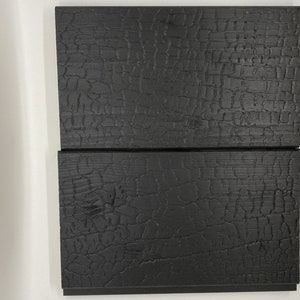 Könnte beinhalten: Zwei rechteckige, schwarze Holzbretter mit einer strukturierten, verkohlten Oberfläche. Die Holzmaserung ist sichtbar, und die Oberfläche hat ein rissiges Aussehen. Die Bretter sind horizontal angeordnet, eines über dem anderen.